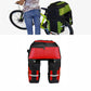 Mountain bike rear shelf bag, black with red top panel and two side zip pouches