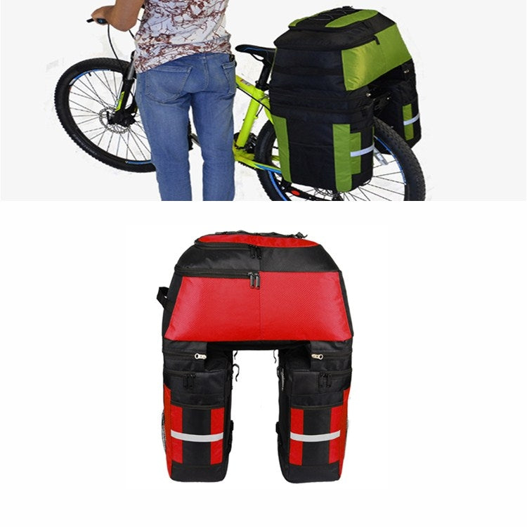 Mountain bike rear shelf bag, black with red top panel and two side zip pouches