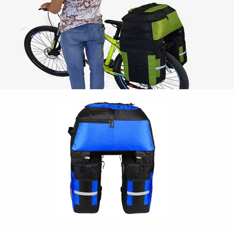 Mountain bike rear shelf bag, black with blue top panel and two front-facing side pockets