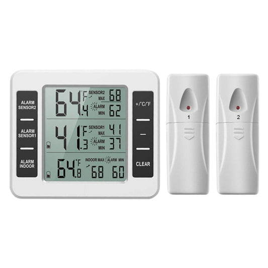 Wireless refrigerator thermometer with LCD display and two white wireless sensor units