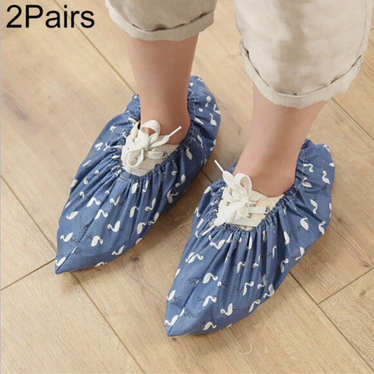 Blue flamingo-pattern elastic shoe covers with white lace-up ties, 2 pairs