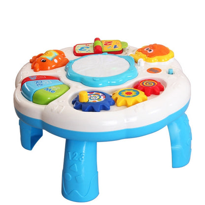Blue and white kids musical learning table with circular drum and colorful buttons