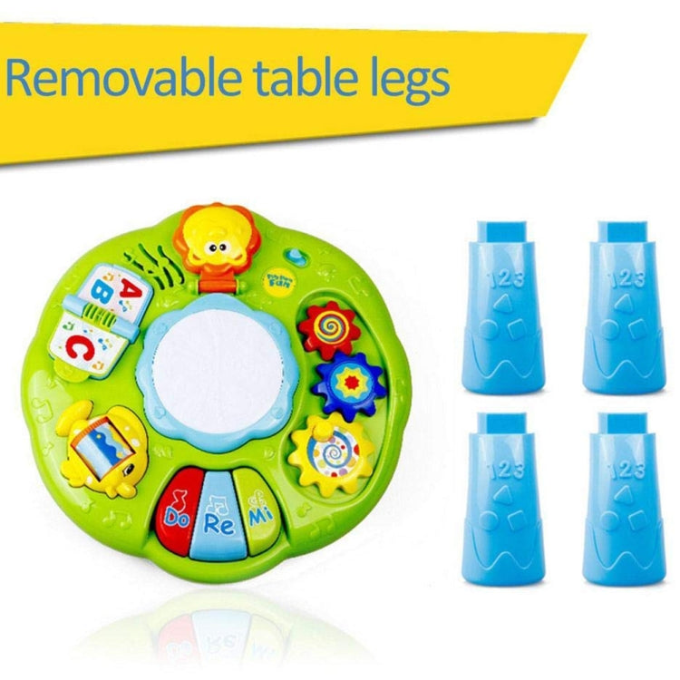 Green musical learning drum table with colorful keys and removable-style blue legs
