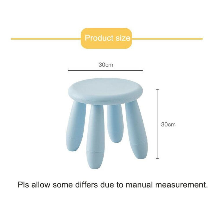 Light blue plastic children’s stool with a round top and three short legs