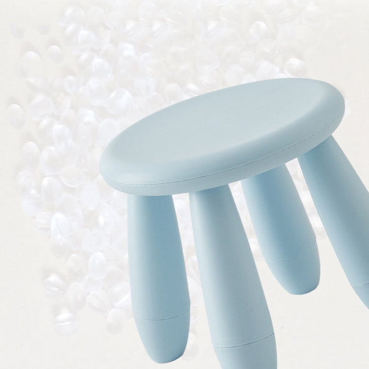 Light blue round plastic stool with curved seat and three taper legs