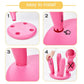 Pink round plastic children’s stool, showing base and leg assembly