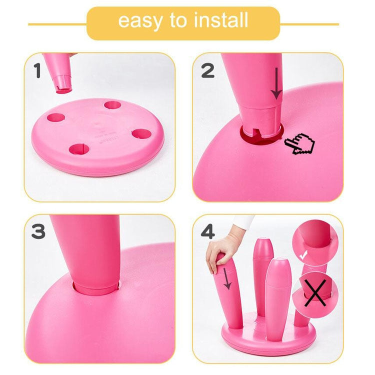Pink round plastic children’s stool, showing base and leg assembly