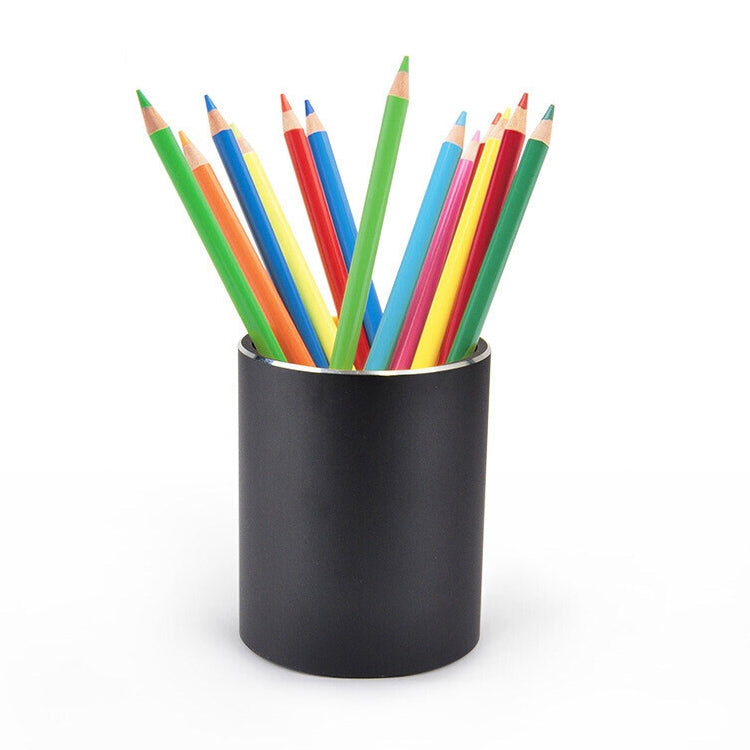 Black round aluminum pencil holder with colorful pencils standing inside