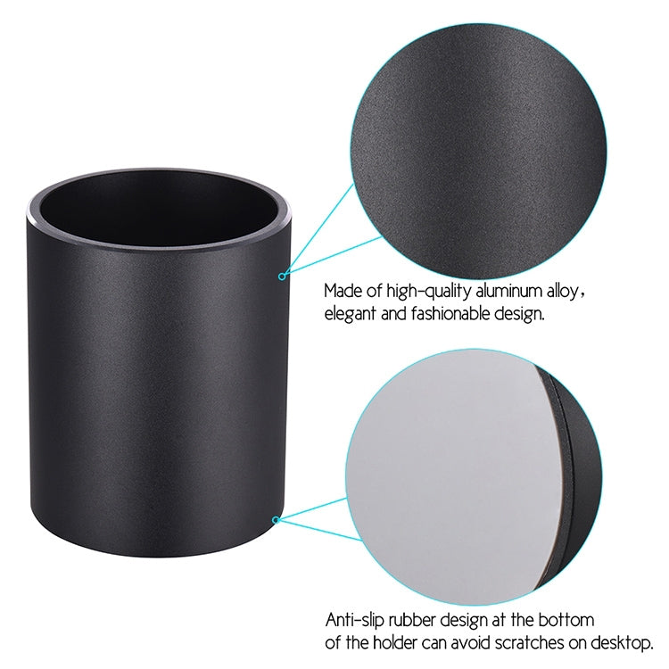 Black round metal pencil holder with textured finish and open top