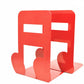 Red metal book stand with cutout panels and bookmark, set of two