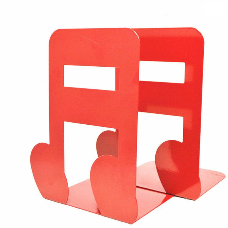 Red metal book stand with cutout panels and bookmark, set of two