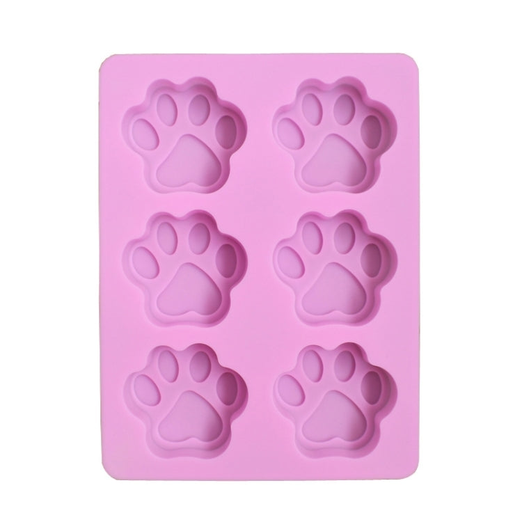 Purple silicone paw soap mold tray with six raised paw-print cavities