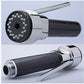 Chrome and black faucet spray head with round jet face and multiple spray holes