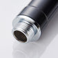 Threaded chrome connector end on black handheld faucet spray nozzle head
