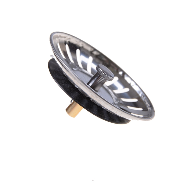 Stainless sink strainer flume cover with black rubber top and central stem