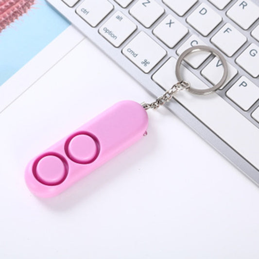 Pink alarm keychain fob with metal key ring and two circular button controls