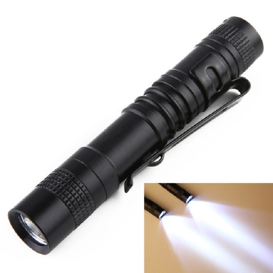 Black pen-shaped LED flashlight with clip and textured grip, compact torch
