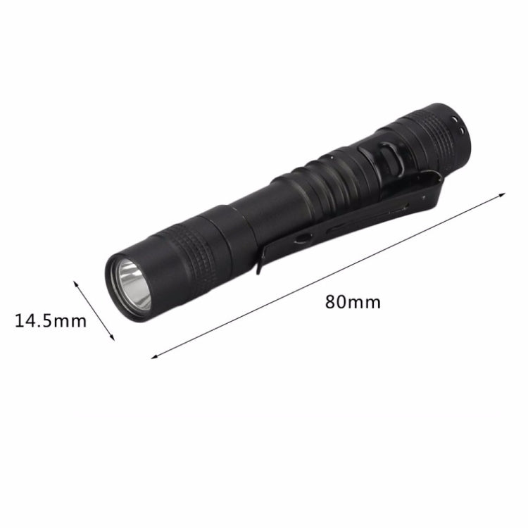 Black pen-shaped LED flashlight with measurement arrows for size