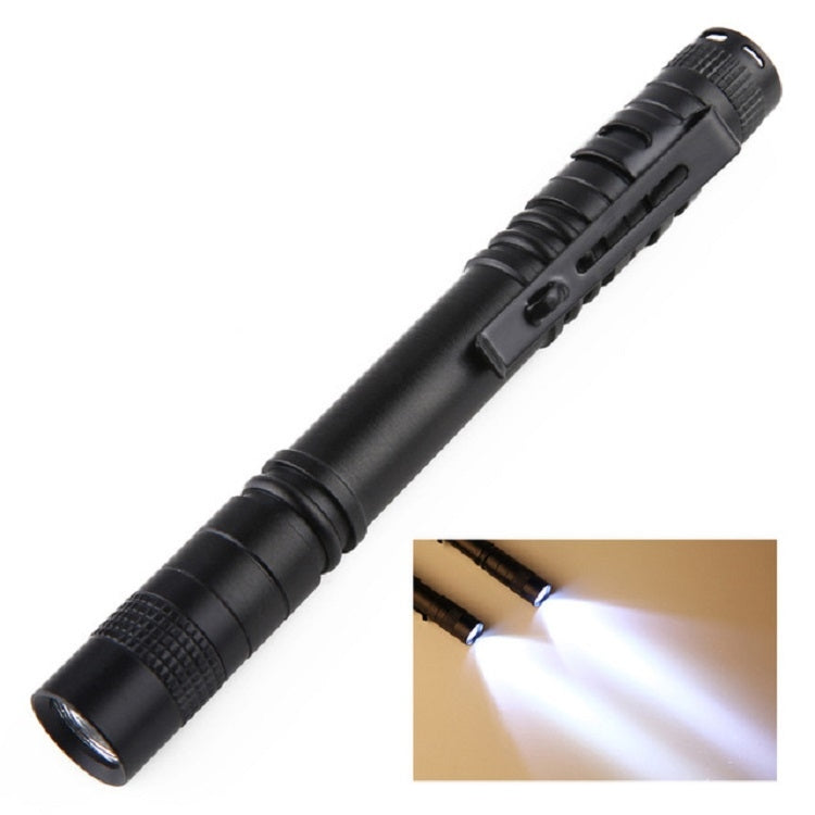 Black penlight LED flashlight side view with bright beam shown in inset