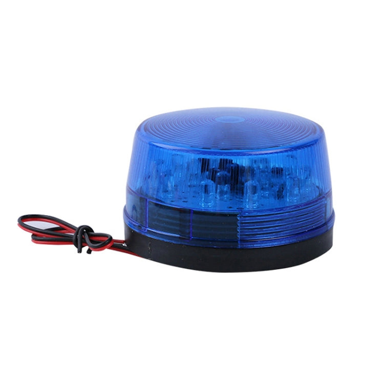Mini LED strobe warning light with blue transparent dome lens and black base