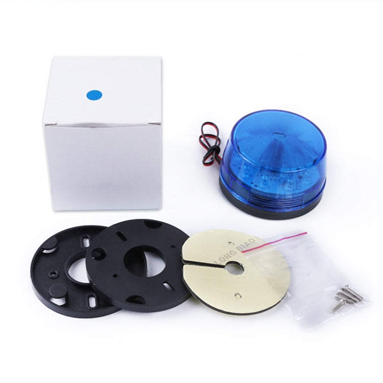 Mini LED strobe warning light kit with blue lens, mounting plate, screws, and box