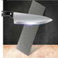 Square knife sharpener whetstone stone, gray honeycomb-style grit texture with knife blade
