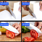 Knife sharpening on a gray whetstone surface, before-and-after panels