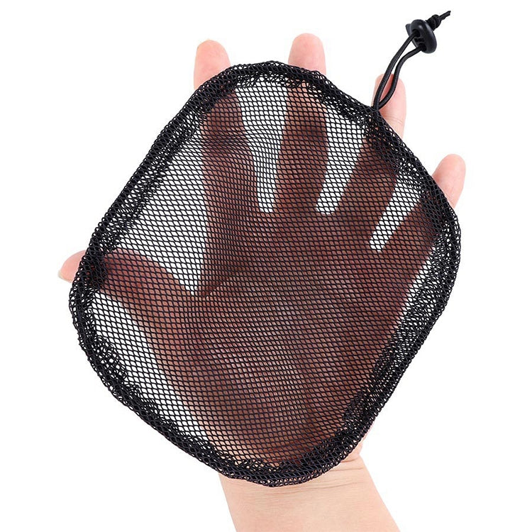 Black mesh ponytail wig net cap held in hand, open oval with cord ties