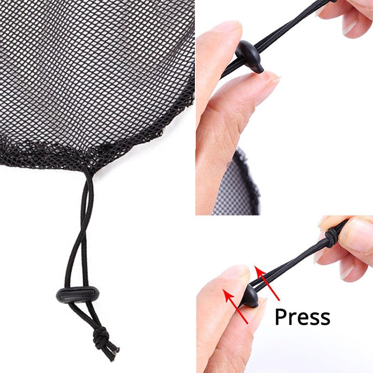 Black mesh wig net cap drawstring cord and toggle, secure fastening detail
