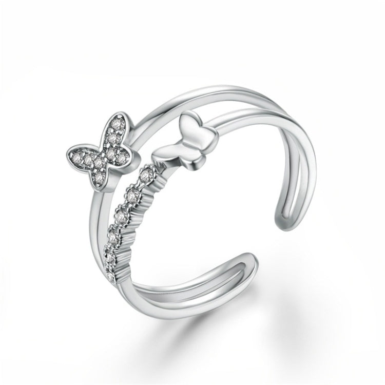 Butterfly open ring with pavé butterfly accents in platinum finish