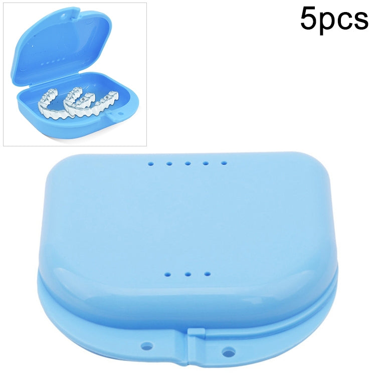Blue perforated orthodontic storage box, open lid with vent holes and tray cavity