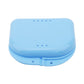 Blue perforated storage box with hinged lid and ventilation holes on top