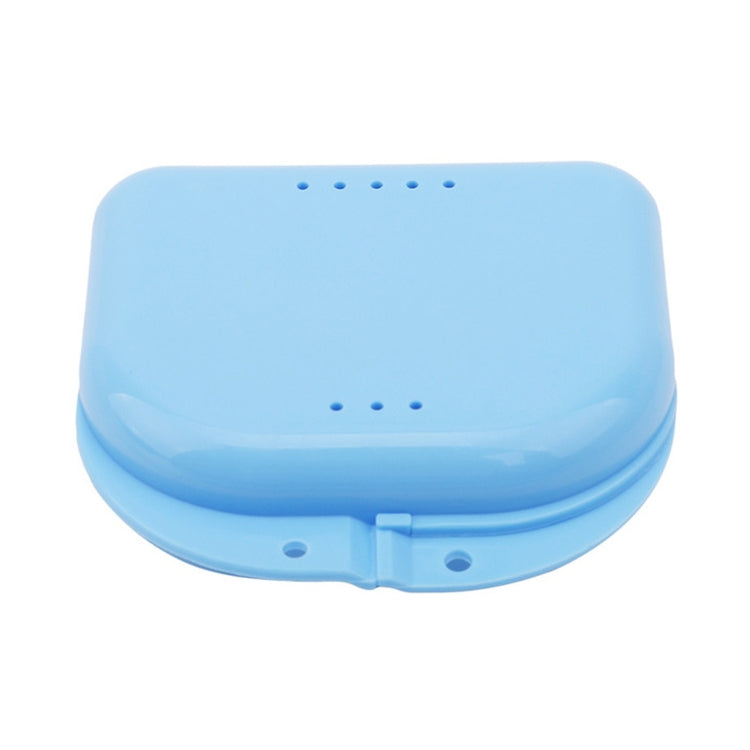 Blue perforated storage box with hinged lid and ventilation holes on top