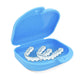 Blue perforated storage box case with open lid, holding orthodontic trays