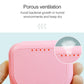 Pink perforated storage box lid with rows of ventilation holes