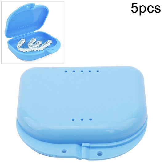 Blue perforated orthodontic storage box, open lid with vent holes and tray cavity