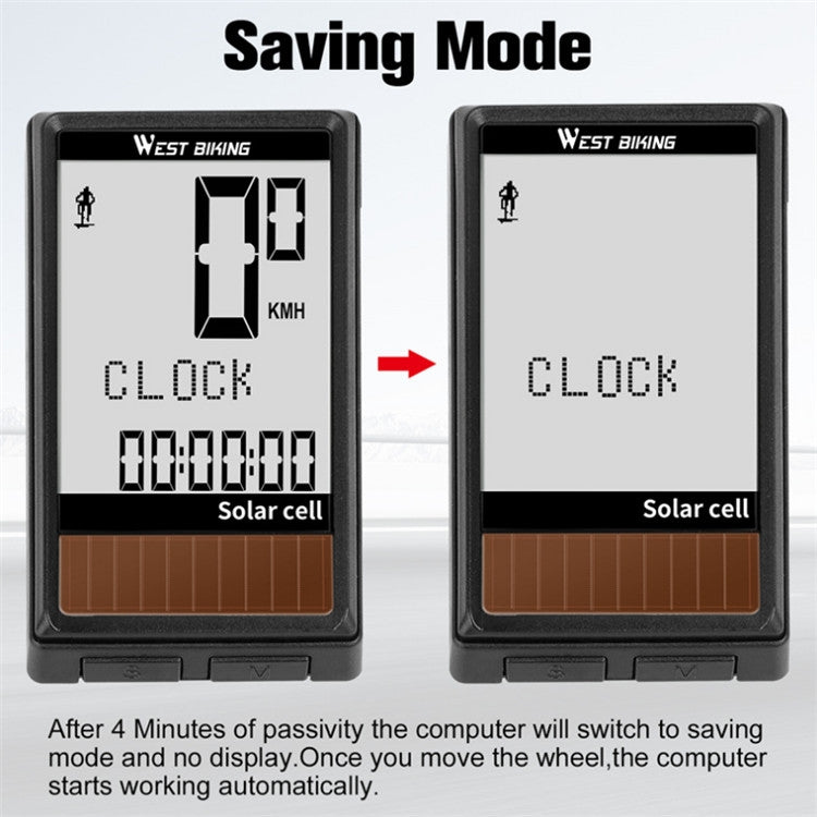 Black wireless solar bike computer display with large digits and solar cell panel