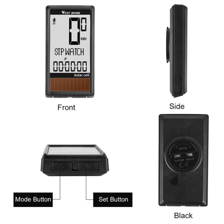 Black wireless solar bike computer front and side view, with solar cell and buttons
