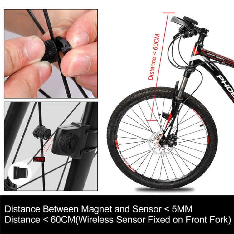 Wireless bike sensor and magnet shown with close-up attachment to the front fork
