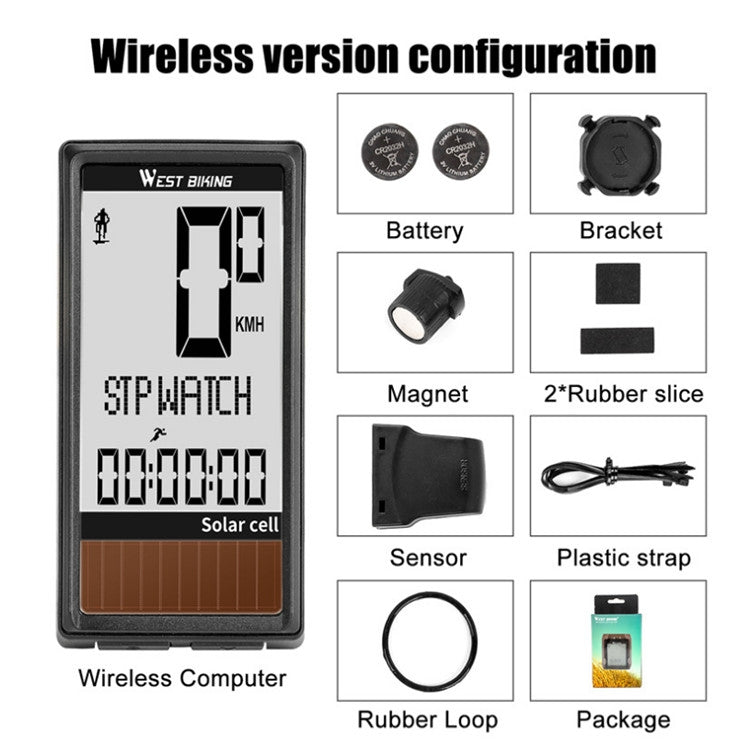 Wireless solar bike computer kit diagram with sensor, magnet, strap, and rubber loop