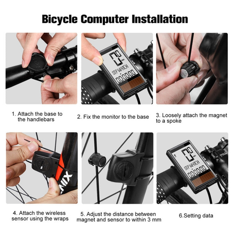 Wireless bike computer installation steps showing mounting base, sensor, and magnet