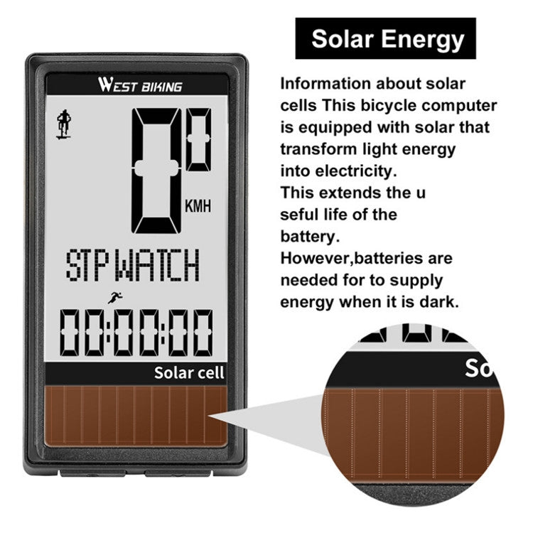 WEST BIKING solar speedometer display showing speed and stopwatch icons, black