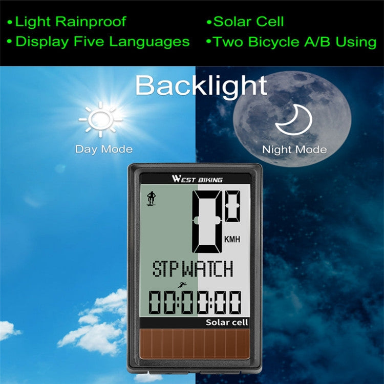WEST BIKING backlit solar bike computer with day and night display modes, black