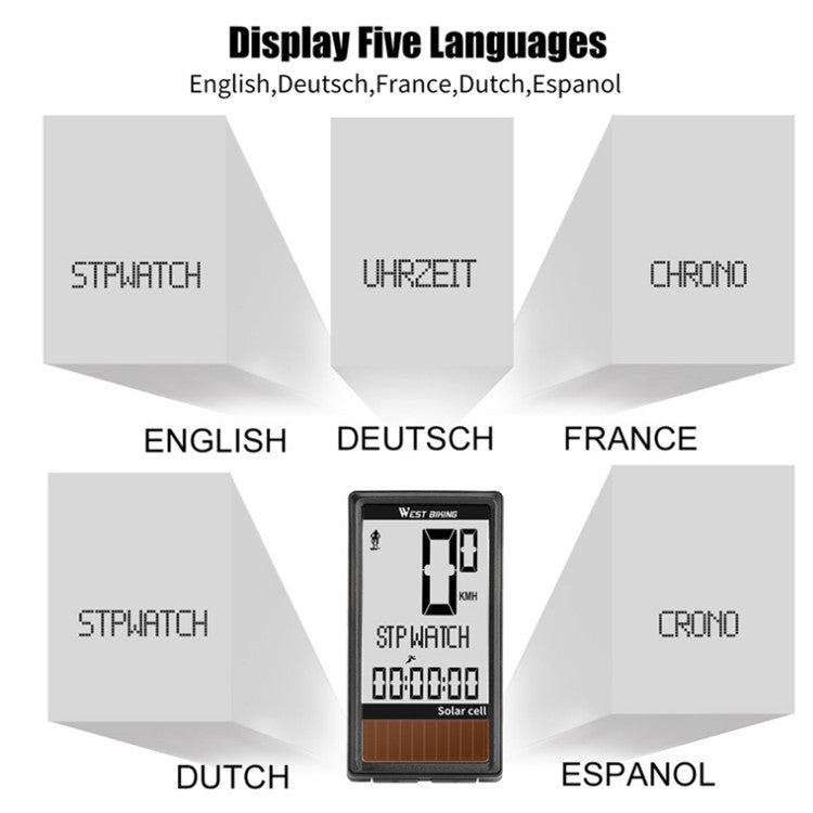 WEST BIKING speedometer showing five-language display options, black body and solar cell