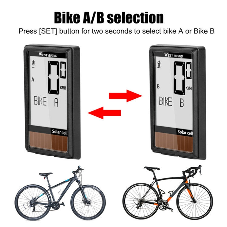 WEST BIKING bike speedometer with A/B bike selection screens and solar cell, black