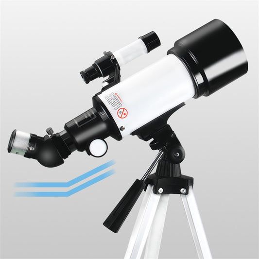 Close-up of black-and-white astronomical telescope with eyepiece and finder