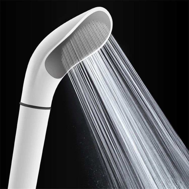 White handheld shower nozzle head with fine spray holes and curved outlet face.