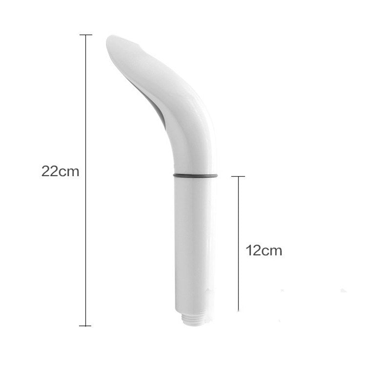 White handheld shower head with curved spray nozzle and connecting base ring.