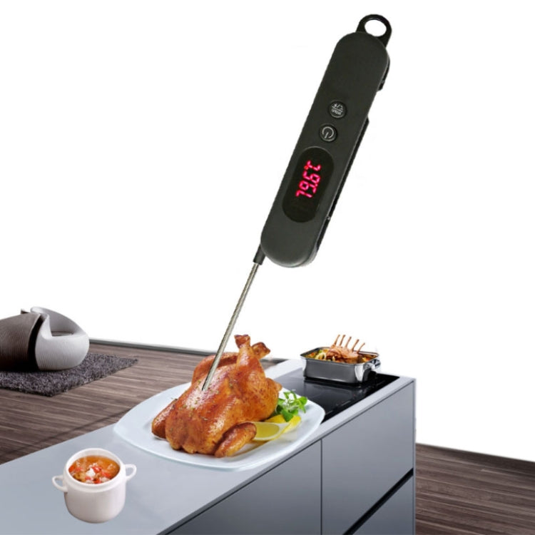 Digital meat thermometer with black body, long stainless probe, and red temperature screen.