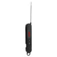 Digital meat thermometer with black body and long stainless probe, side view.
